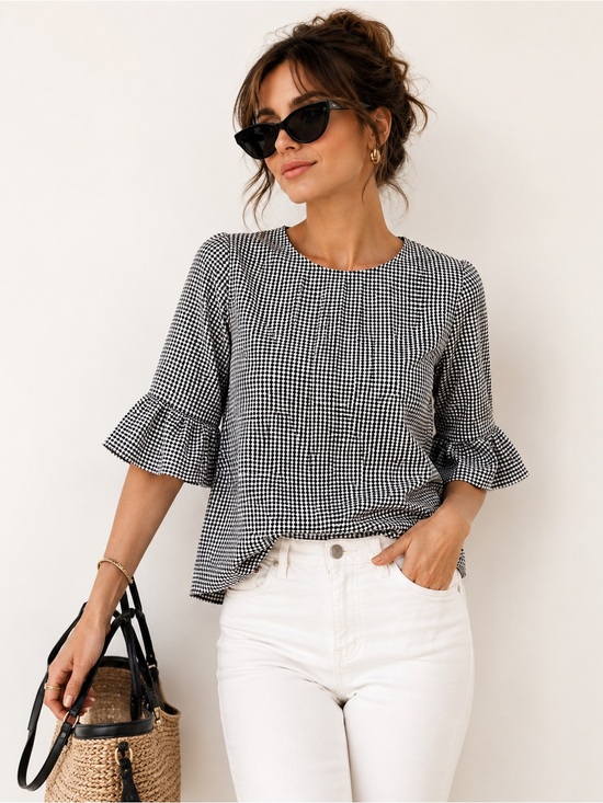 Cupio Tops - Cupio Black and White Gingham Ruffle Sleeve Top